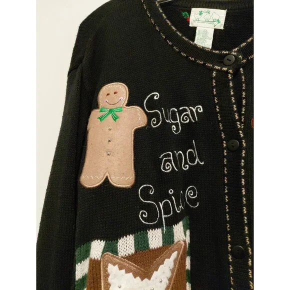 Quacker Factory Vintage Novelty Gingerbread Holiday Cardigan Black 2X - Picture 2 of 8